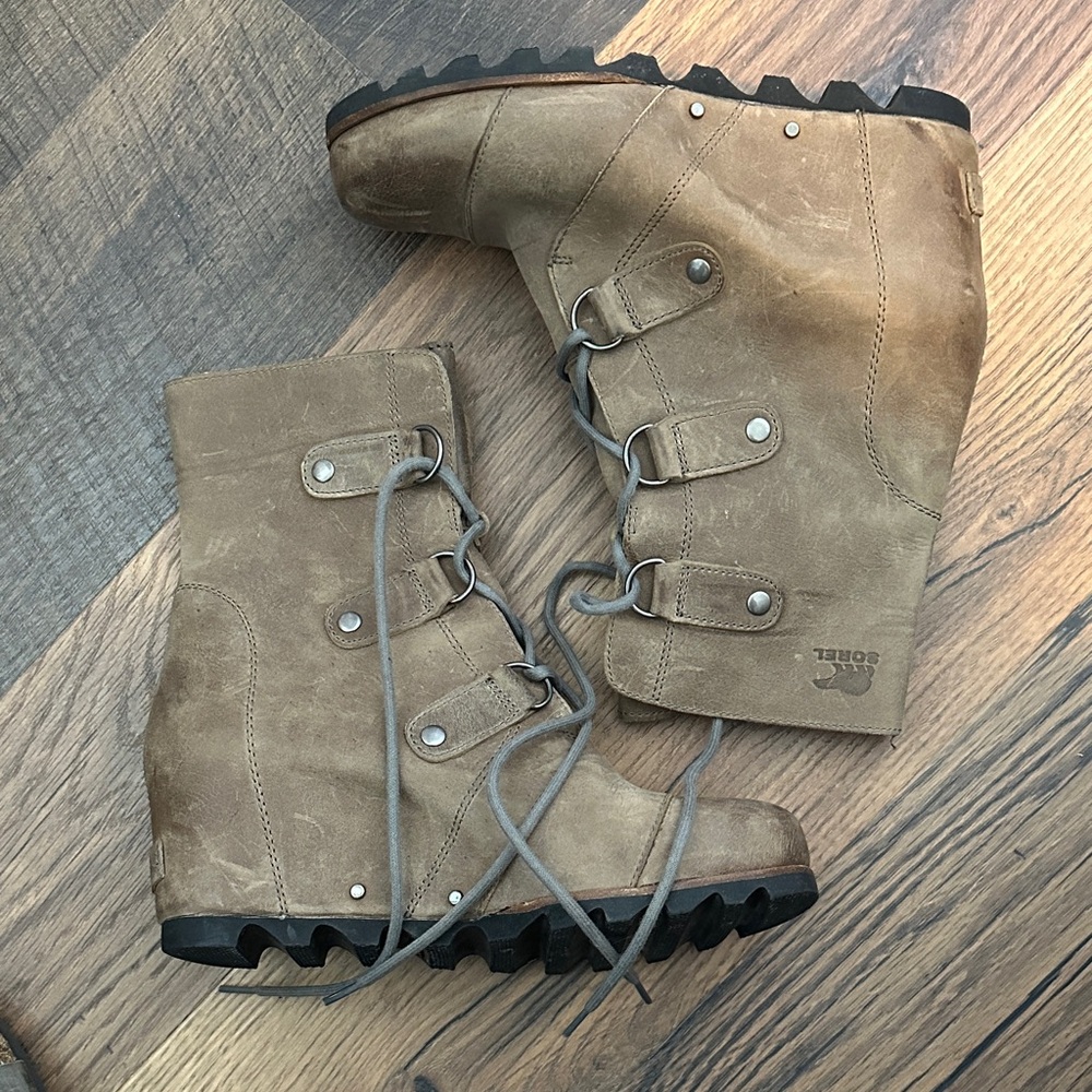 Sorel Tan Lace-Up Wedge Boots
